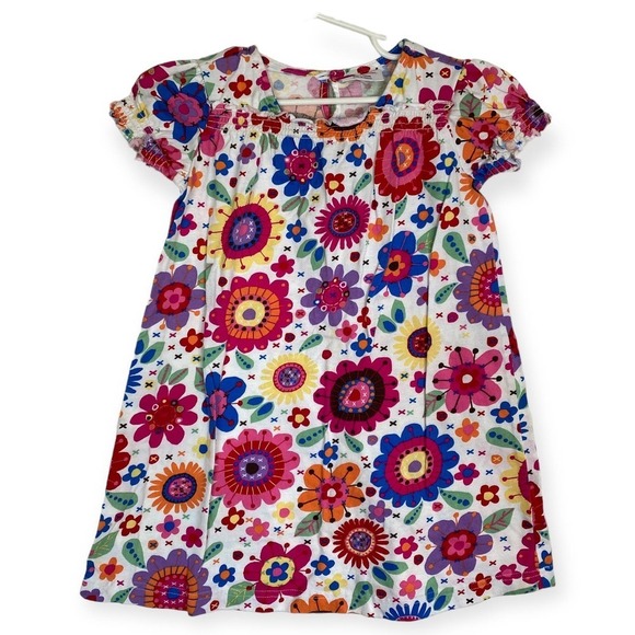 HANNA ANDERSSON Floral Dress Smocked Summer White Colorful Bright Girls 5-6 110 - Picture 1 of 8
